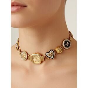 Gold Watch Charm Necklace Crystal Heart Y2K Luxe Statement Choker